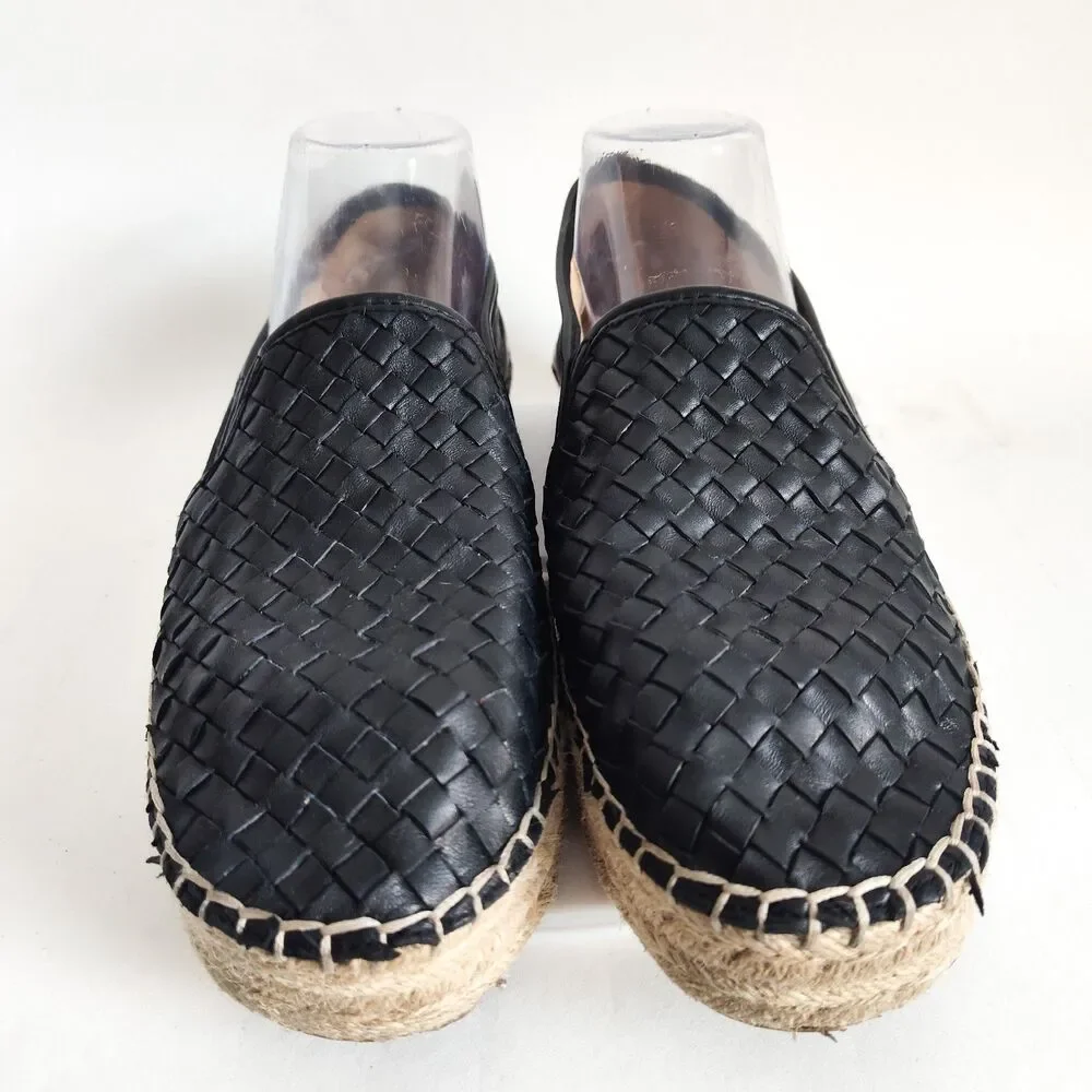 Steve Madden Espadrilles Flats Size 9 Black Woven Leather Slip On Platform Shoes